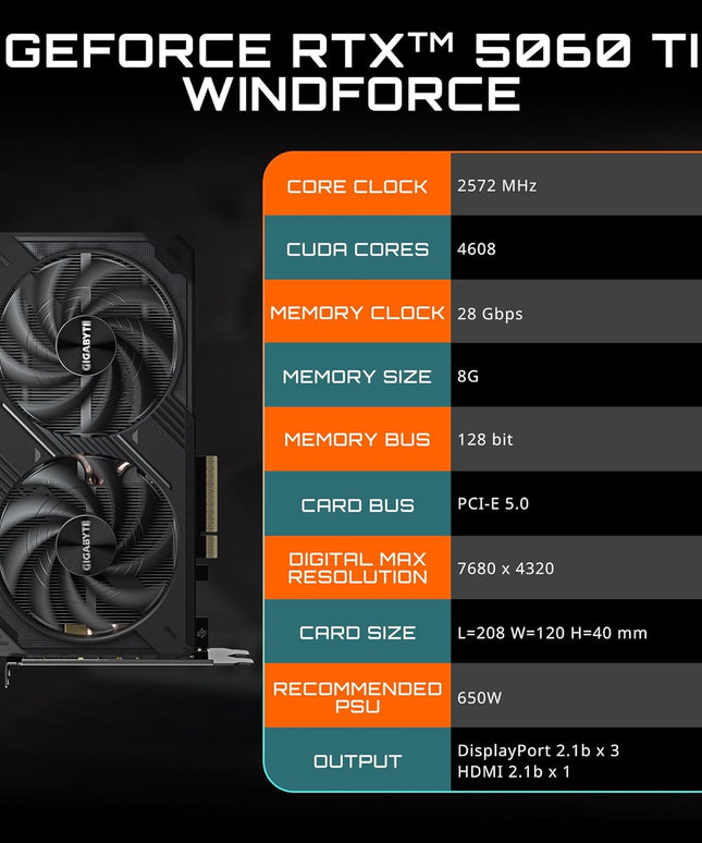 GIGABYTE GeForce RTX 5060 Ti WINDFORCE 8G Graphics Card