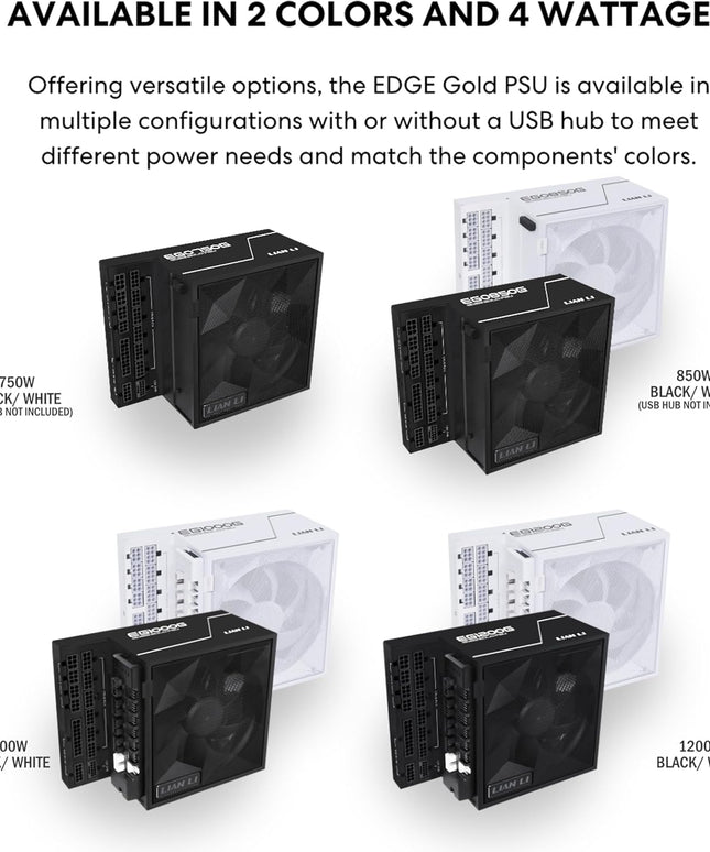 Lian Li EDGE1000W Fully Modular Low-Noise ATX Power Supply - ATX 3.1 & PCIE 5.1 Compliant - Cybenetics Gold Efficiency - 12V-2x6 Cable - L-Shape Design - with USB/Fan Hub - Black (EG1000G.WB)