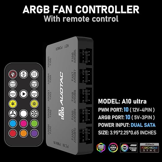 ARGB/PWM Fan Hub with RF Remote – 10 Fans, Dual SATA, Magnetic (Black)