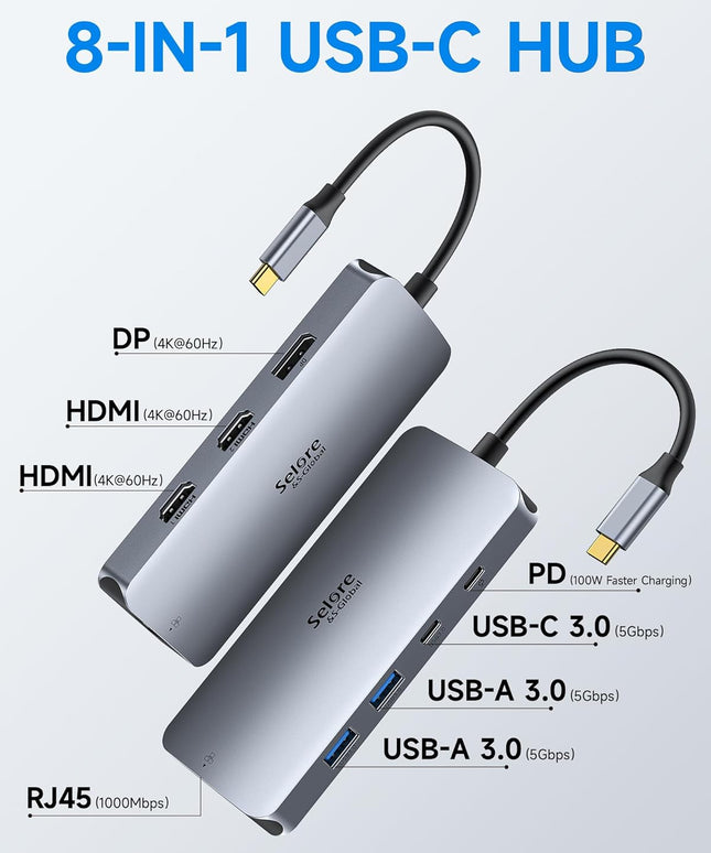 USB C Docking Station Dual Monitor, Selore Docking Station 3 Monitors Triple 4K Display with 2 HDMI, DisplayPort, 1 Gbps Ethernet, 100W PD Charging, USB 3.0 Ports Adapter for Dell, HP, Lenovo,etc