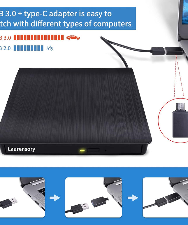 External DVD Drive USB 3.0 Type-C USB C Portable DVD Player for Laptop Disk Duplicator CD DVD +/-RW CD ROM Burner Writer CD/DVD Burner Reader Disk Drive for Laptop Desktop Windows Linux MacBook