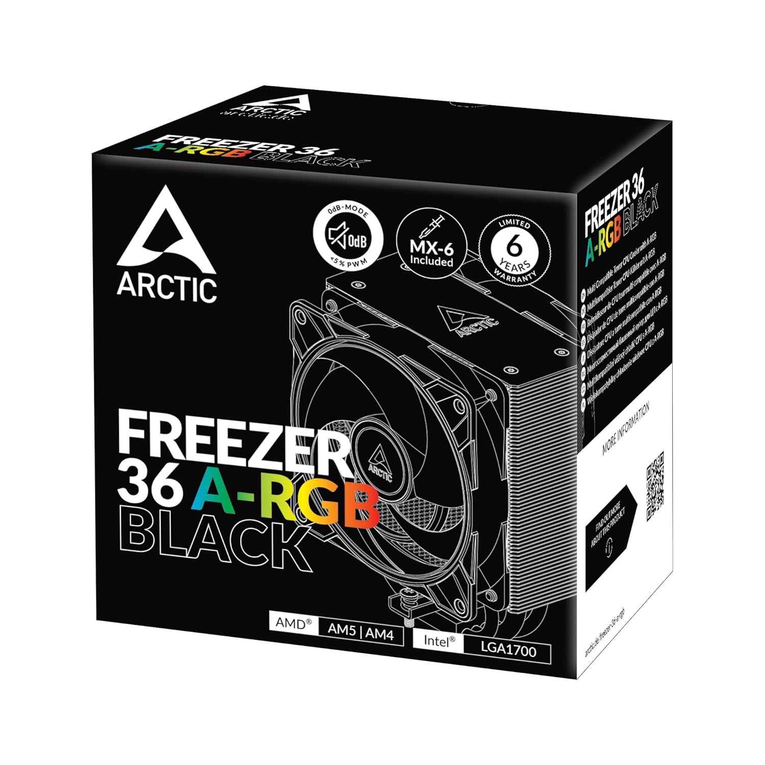 ARCTIC Freezer 36 A-RGB CPU Cooler – Single Tower, Push-Pull 120mm P-Fans, 4 Heat Pipes, ARGB Lighting, 200–2000 RPM, MX-6 Thermal Paste