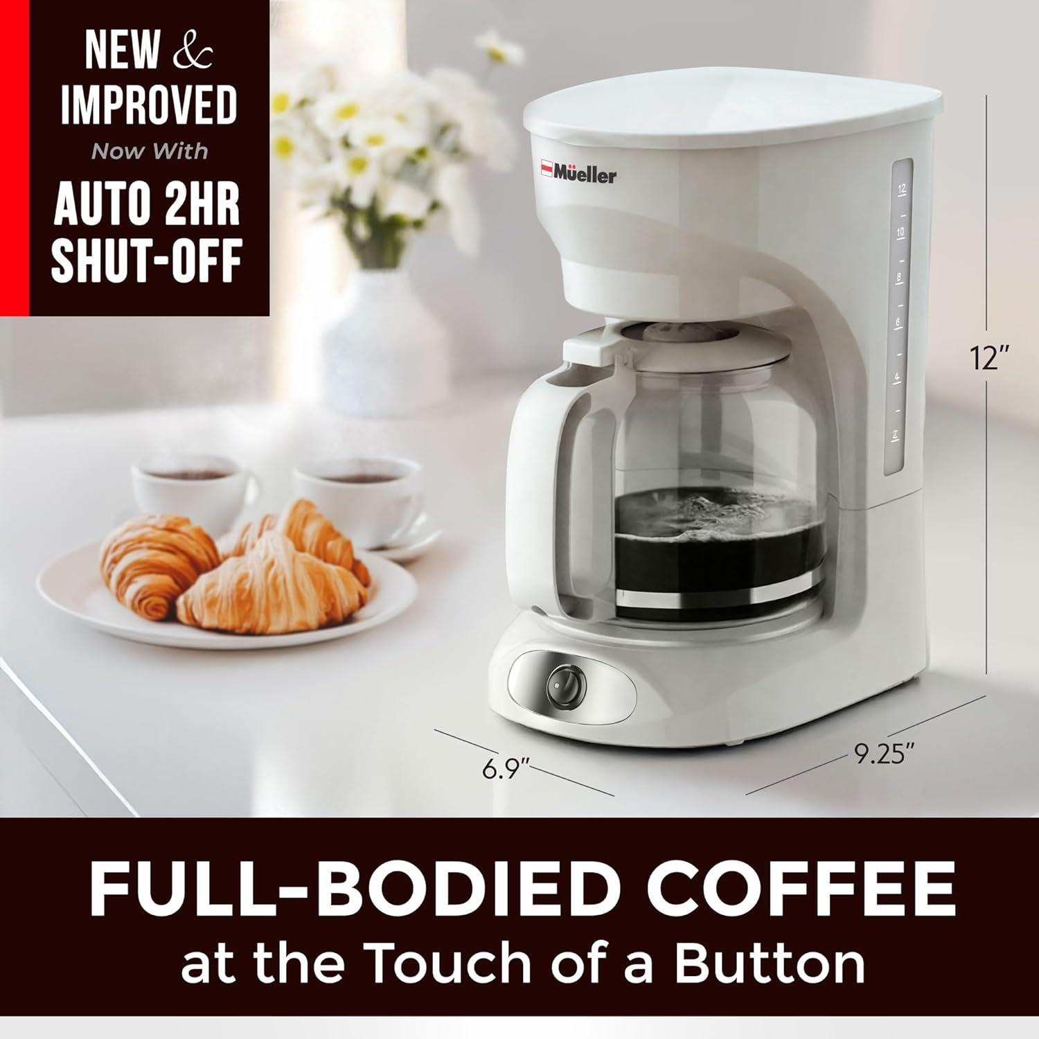 MÜELLERHOME 12-Cup White Coffee Maker - Borosilicate Carafe