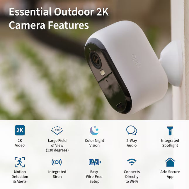 Arlo Essential Outdoor Camera (2nd Generation) Indoor/Outdoor 1-Channel 1-Camera 2K Battery-operated Spotlight Security Camera System