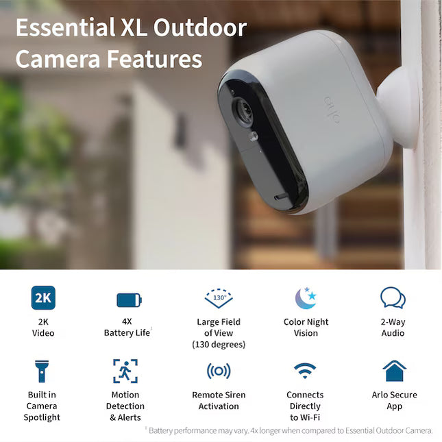 Arlo Essential XL Outdoor Camera 2K (2nd Generation) Indoor/Outdoor 1-Camera Battery-operated Spotlight Security Camera System