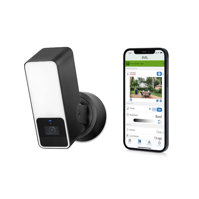 Eve Outdoor Cam- Smart Wired Dimmable Outdoor Floodlight works with Apple Home 2-way Comm End-to-End Encryption Black