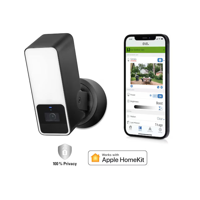 Eve Outdoor Cam- Smart Wired Dimmable Outdoor Floodlight works with Apple Home 2-way Comm End-to-End Encryption Black