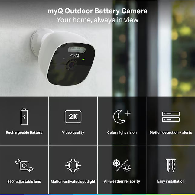 Chamberlain myQ Outdoor 1 -Channel 1 -Camera 2K Battery-operated Mounted No internal memory Internet Cloud-based Security Camera System