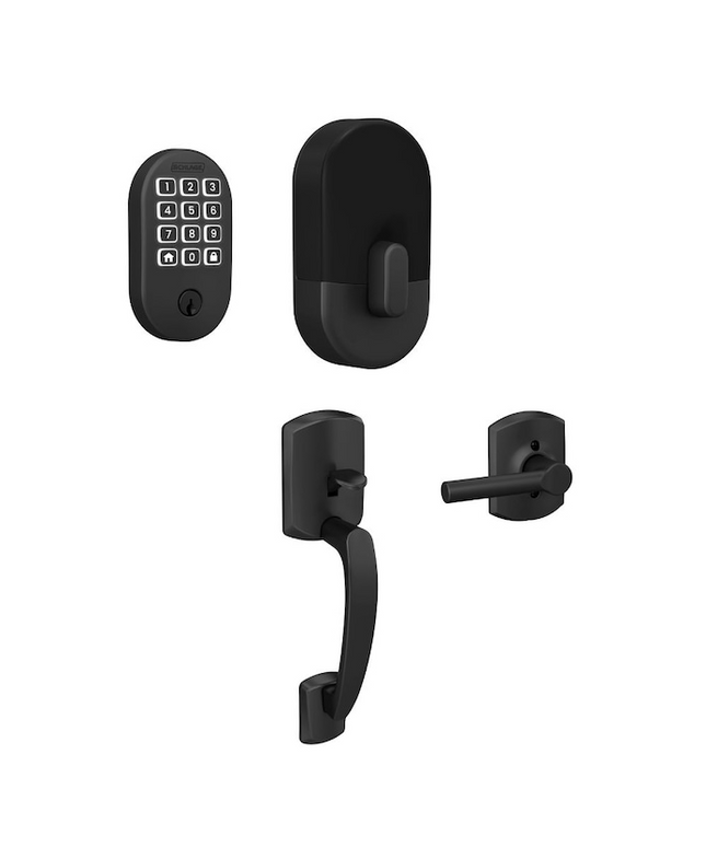 Schlage Arrive Remsen Matte Black Electronic Deadbolt and Greenwich Entry Door Handleset Bundle