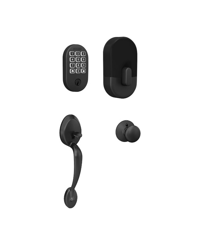 Schlage Arrive Remsen Matte Black Electronic Deadbolt and Plymouth Entry Door Handleset Bundle