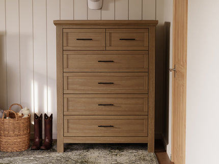 B14525DF,Monogram by Namesake,Emory Farmhouse 6-Drawer Chest in Driftwood