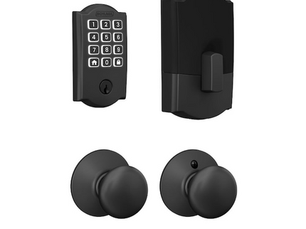 Schlage Arrive Camelot Matte Black Electronic Deadbolt and Plymouth Door Knob Bundle