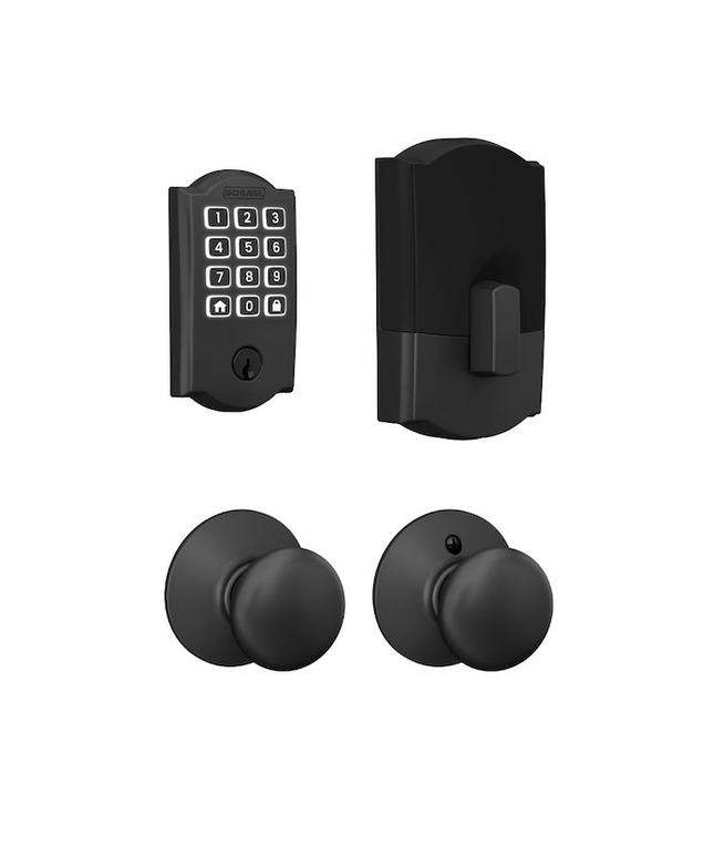 Schlage Arrive Camelot Matte Black Electronic Deadbolt and Plymouth Door Knob Bundle