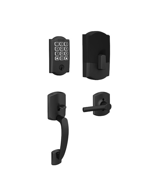 Schlage Arrive Camelot Matte Black Electronic Deadbolt and Greenwich Handleset Bundle