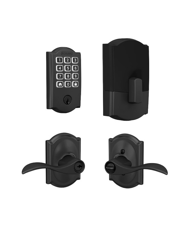 Schlage Arrive Camelot Matte Black Electronic Deadbolt and Accent-Camelot Keyed Entry Door Handle Bundle