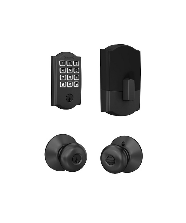 Schlage Arrive Camelot Matte Black Electronic Deadbolt and Plymouth Keyed Entry Door Knob Bundle