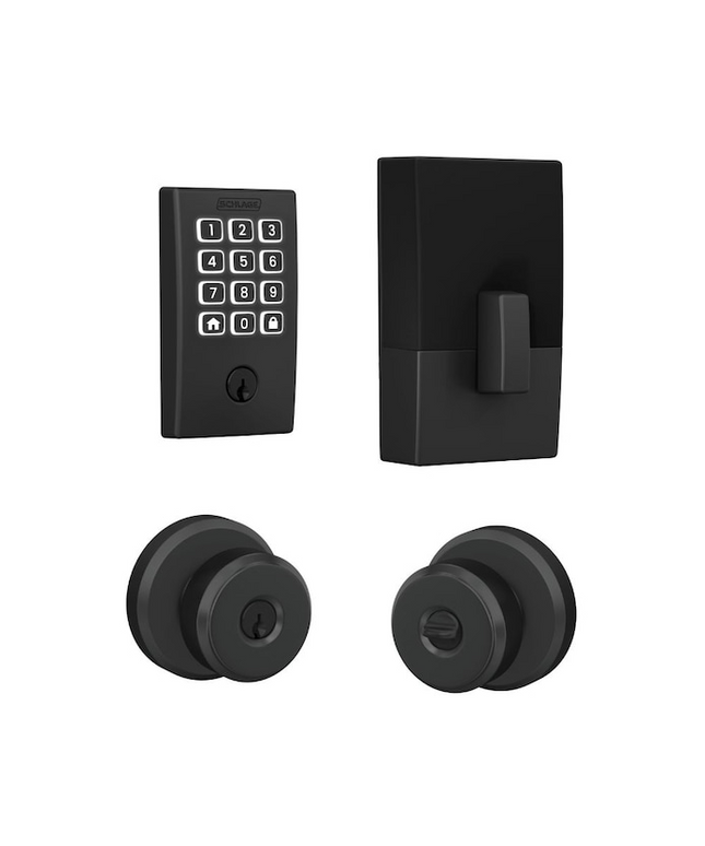 Schlage Arrive Century Matte Black Electronic Deadbolt and Bowery-Greyson Keyed Entry Door Knob Bundle