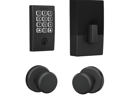 Schlage Arrive Century Matte Black Electronic Deadbolt and Bowery-Greyson Door Knob Bundle
