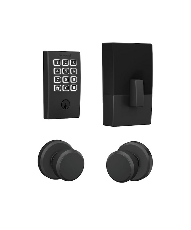 Schlage Arrive Century Matte Black Electronic Deadbolt and Bowery-Greyson Door Knob Bundle