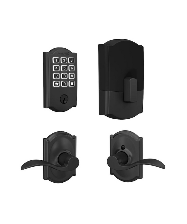 Schlage Arrive Camelot Matte Black Electronic Deadbolt and Accent-Camelot Door Handle Bundle