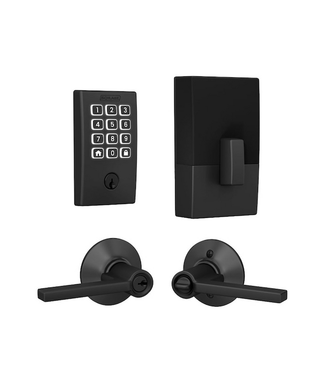 Schlage Arrive Century Matte Black Electronic Deadbolt and Latitude Keyed Entry Door Handle Bundle