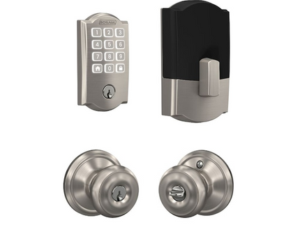 Schlage Arrive Camelot Satin Nickel Electronic Deadbolt and Georgian Keyed Entry Door Knob Bundle