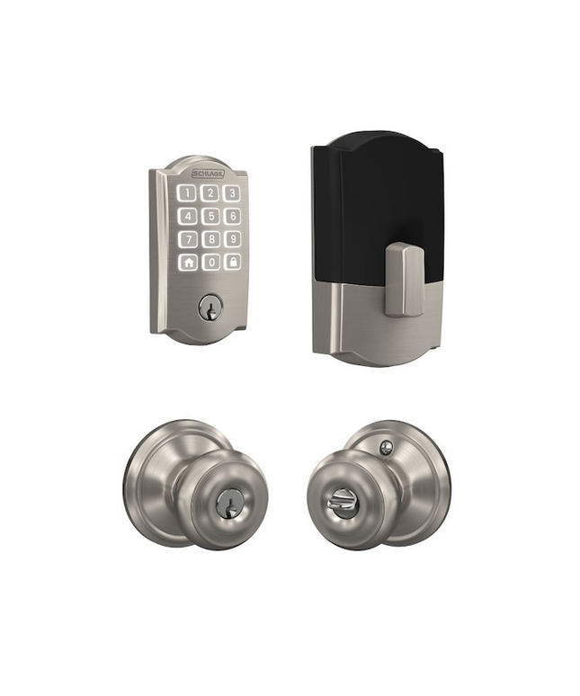 Schlage Arrive Camelot Satin Nickel Electronic Deadbolt and Georgian Keyed Entry Door Knob Bundle