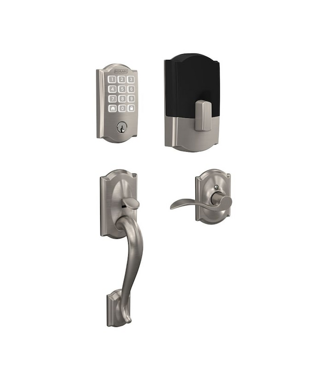 Schlage Arrive Camelot Satin Nickel Electronic Deadbolt and Camelot Handleset Bundle