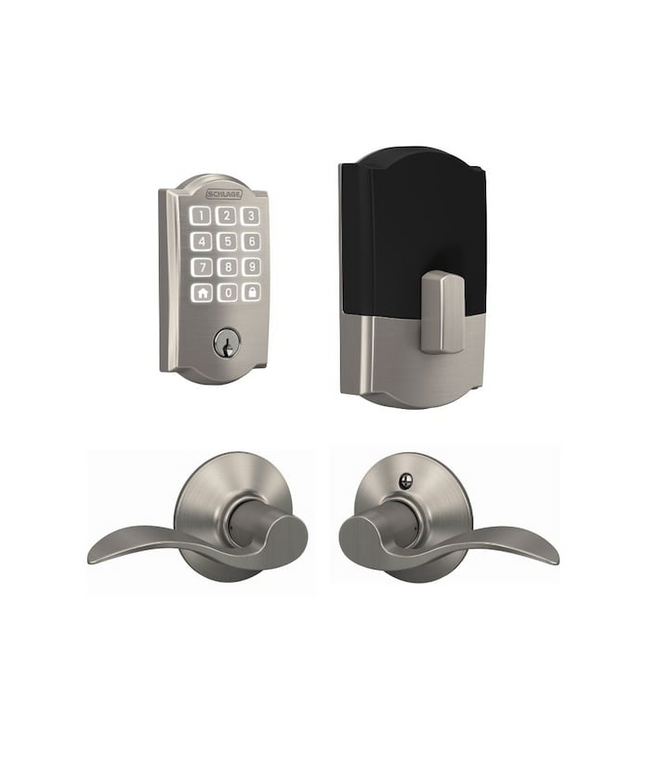 Schlage Arrive Camelot Satin Nickel Electronic Deadbolt and Accent Door Handle Bundle