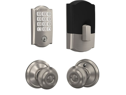 Schlage Arrive Camelot Satin Nickel Electronic Deadbolt and Georgian Door Knob Bundle