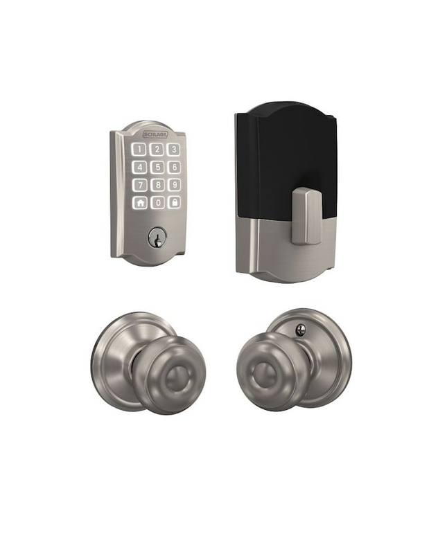 Schlage Arrive Camelot Satin Nickel Electronic Deadbolt and Georgian Door Knob Bundle