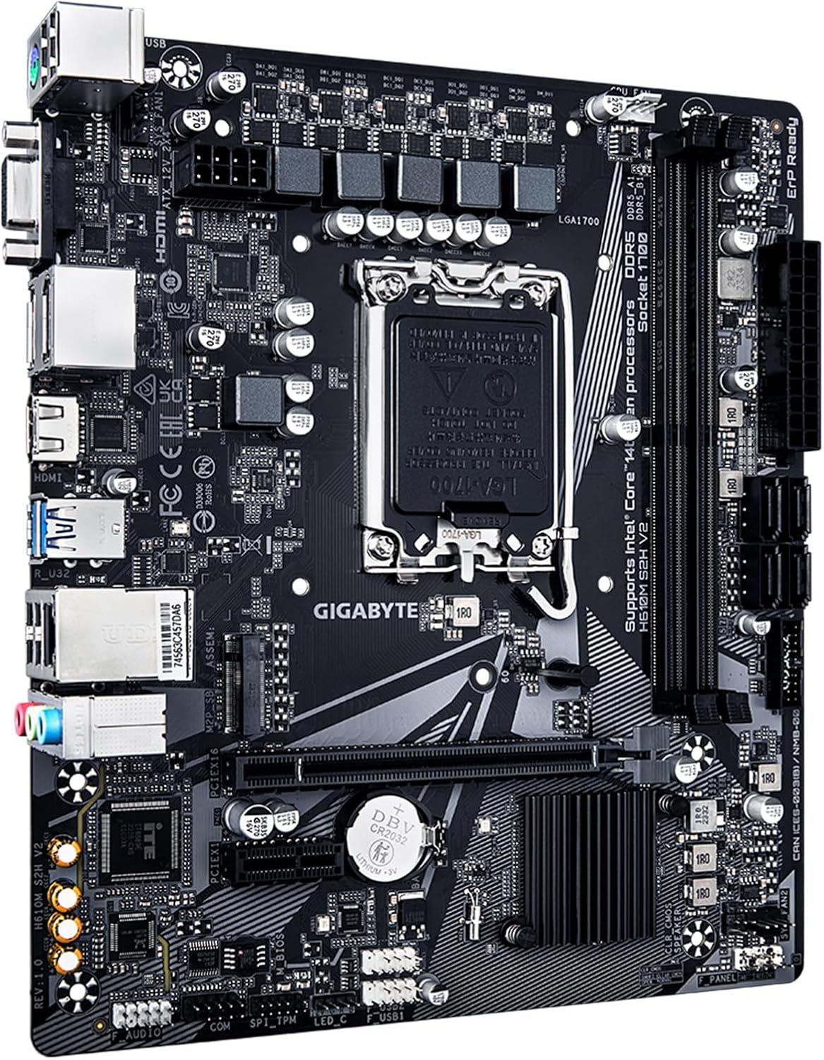 GIGABYTE H610M S2H V2 Motherboard, Supports 14th/13th/12th Gen Intel Core Processors (LGA 1700), mATX, DDR5, 1x M.2, PCIe 4.0, USB-C, HDMI, 2X DisplayPort, D-Sub, 1GbE LAN