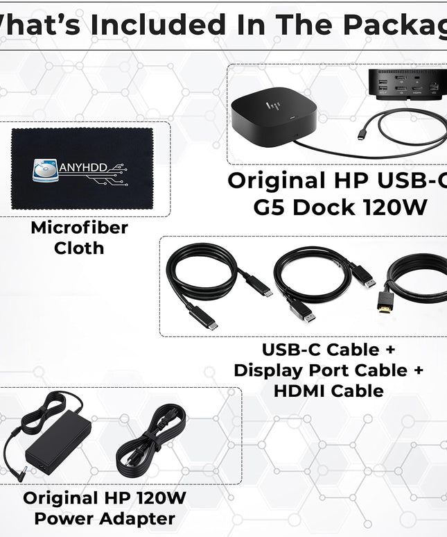 HP Docking Station for Laptop Dual Monitor and Charging Bundle - HP USB-C G5 Dock 5TW10AA / 5TW10UT / 5TW10AA#ABB with 120W Adapter + HDMI Cable + DisplayPort Cable + USB-C Cable + Microfiber Cloth