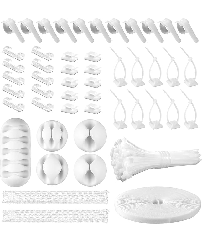 White Cable Management Organizer Kit, 2 Wire Sleeve Protector, 41 Self Adhesive Cable Clips Holder, 10pcs+2 Roll Reusable Cable Ties and 100 Cable Zip Ties for TV Computer Cord Tidy Under Desk