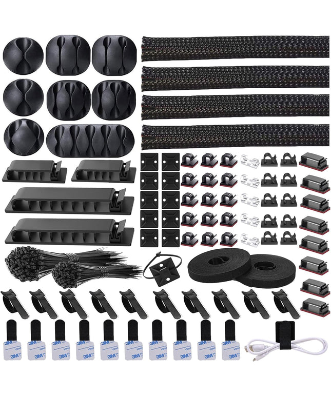 311Pcs Cable Management Organizer Kit 4 Cable Sleeve Split,53Cable Clips 12Cord Clips Holder,22 Cable Ties, 20 Adhesive Wall Cable Tie, 200Fasten Cable Ties for TV Office Home Electronics