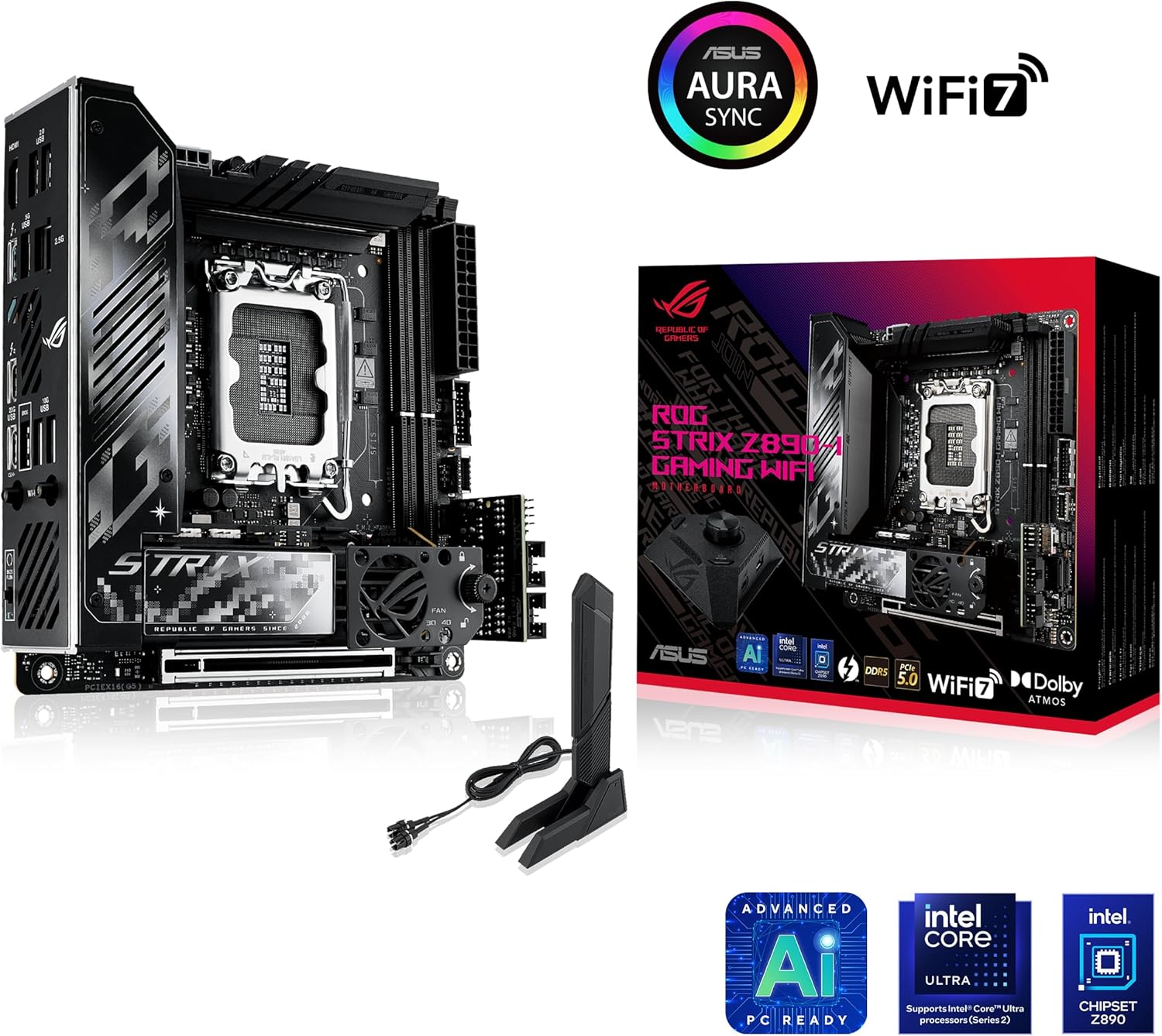 ASUS ROG STRIX Z890-I GAMING WIFI Intel® Z890 LGA 1851 Mini-iTX motherboard, Intel® Core™ Ultra Series 2 Ready, Advanced AI PC-ready, 10+2+1+1 stages, DDR5, WiFi 7, 2x M.2, Thunderbolt™ 4, USB Type-C®