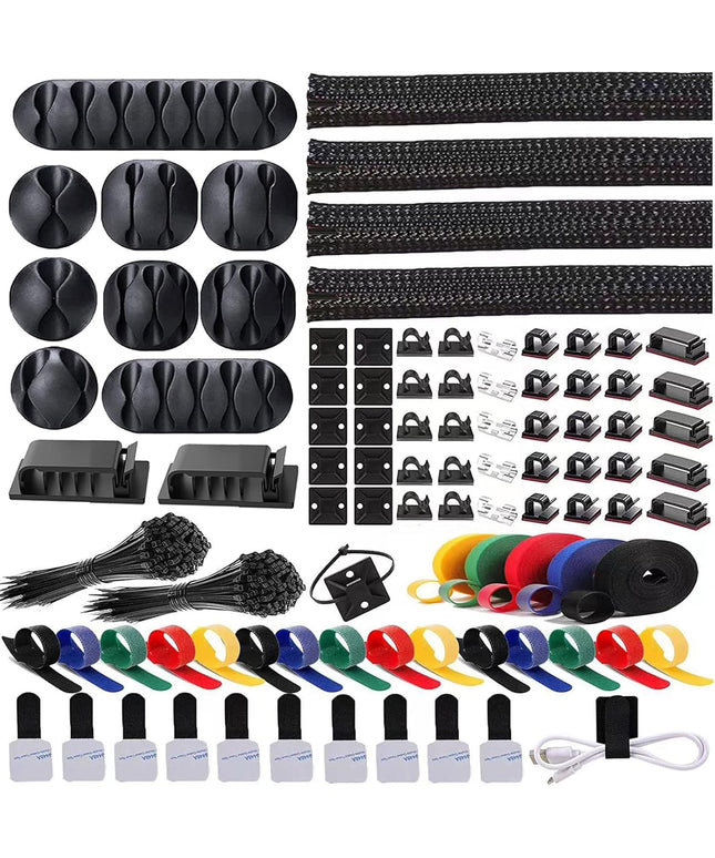 ELII 300PCS Cable Management Kit,4 Cable Sleeve 35 Cable Clips with 11Cord Holders,20 Roll Cable Organizer Straps and 200 Fastening Cable Ties,20 Cable Zip Tie Mounts for Computer TV Under Desk