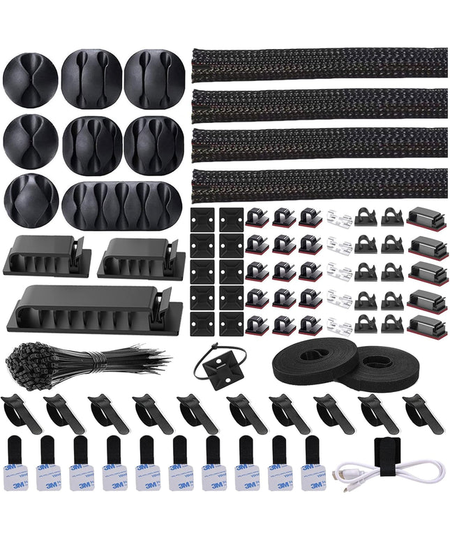N NOROCME 192 PCS Cable Management Kit 4 Wire Organizer Sleeve,11 Cable Holder,35Cord Clips 10+2 Roll Cable Organizer Straps and 100 Fastening Cable Ties for Computer TV Under Desk, black,clear