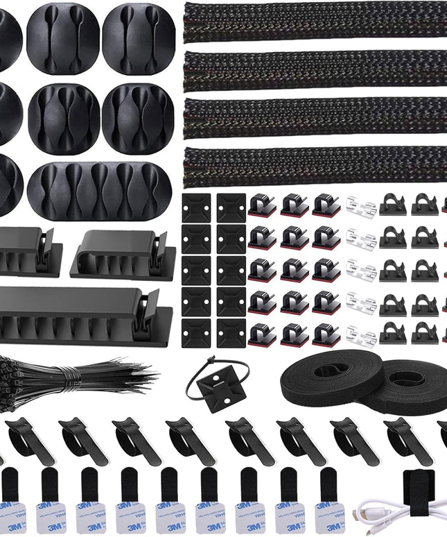 Cord Management Organizer Kit 4 Cable Sleeve split with 41Self Adhesive Cable Clips Holder, 10pcs and 2 Roll Self Adhesive tie and 100 Fastening Cable Ties for TV Office Car Desk Home
