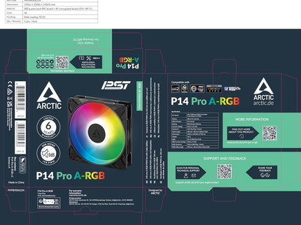 ARCTIC P14 Pro A-RGB 140mm PWM Fan – 400–2500 RPM, 5V Digital RGB, Fluid Dynamic Bearing – Black