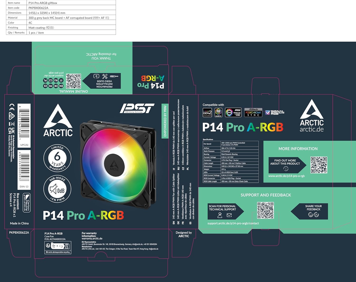 ARCTIC P14 Pro A-RGB 140mm PWM Fan – 400–2500 RPM, 5V Digital RGB, Fluid Dynamic Bearing – Black