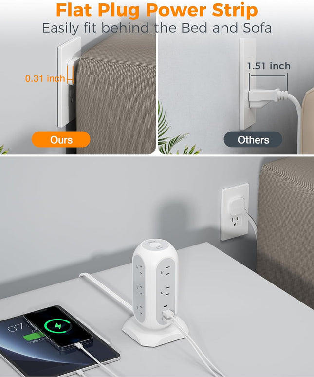 Tower Power Strip Flat Plug with 11 Outlets 3 USB (1 USB C)