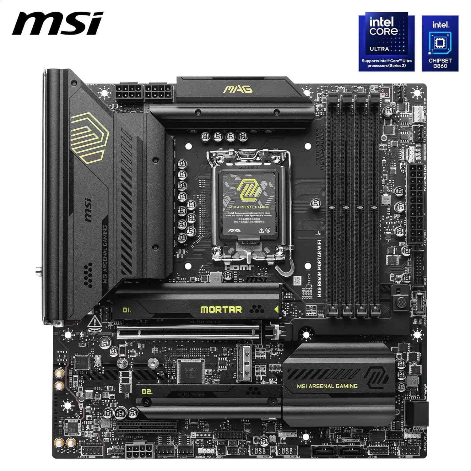 MAG B860M Mortar WiFi Motherboard, mATX - Supports Intel Core Ultra Processors (Series 2), LGA 1851 - DDR5 Memory Boost 9200+ MT/s OC, 1 x PCIe 5.0 x16, 1 x M.2 Gen5, 5G LAN, Wi-Fi 7