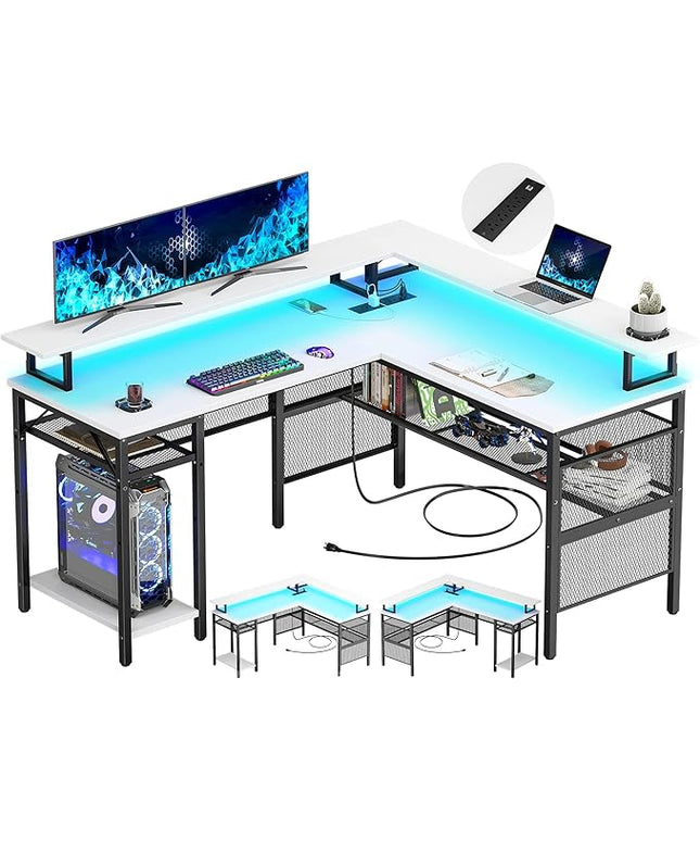 Unikito L-Shaped Desk – White, Reversible with LED Strip