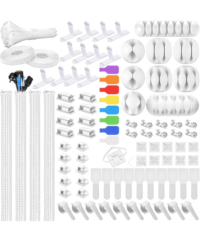 193 PCS Cable Management Kit - 4 Cable Sleeve, 57 Self Adhesive Cable Clips, 12 Hanging Strips, 12 Cable Organizer Straps and 100 Fastening Cable Ties for TV Computer Under Desk (White)