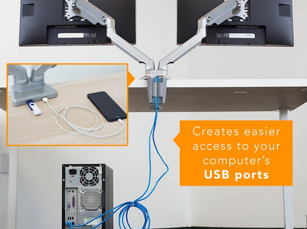 Mount-It! Dual Monitor Arm Desk Stand – Articulating Mechanical Spring, Height Adjustable, Fits 24–32" VESA 75/100 Screens, C-Clamp & Grommet, 2 x USB 3.0 Ports