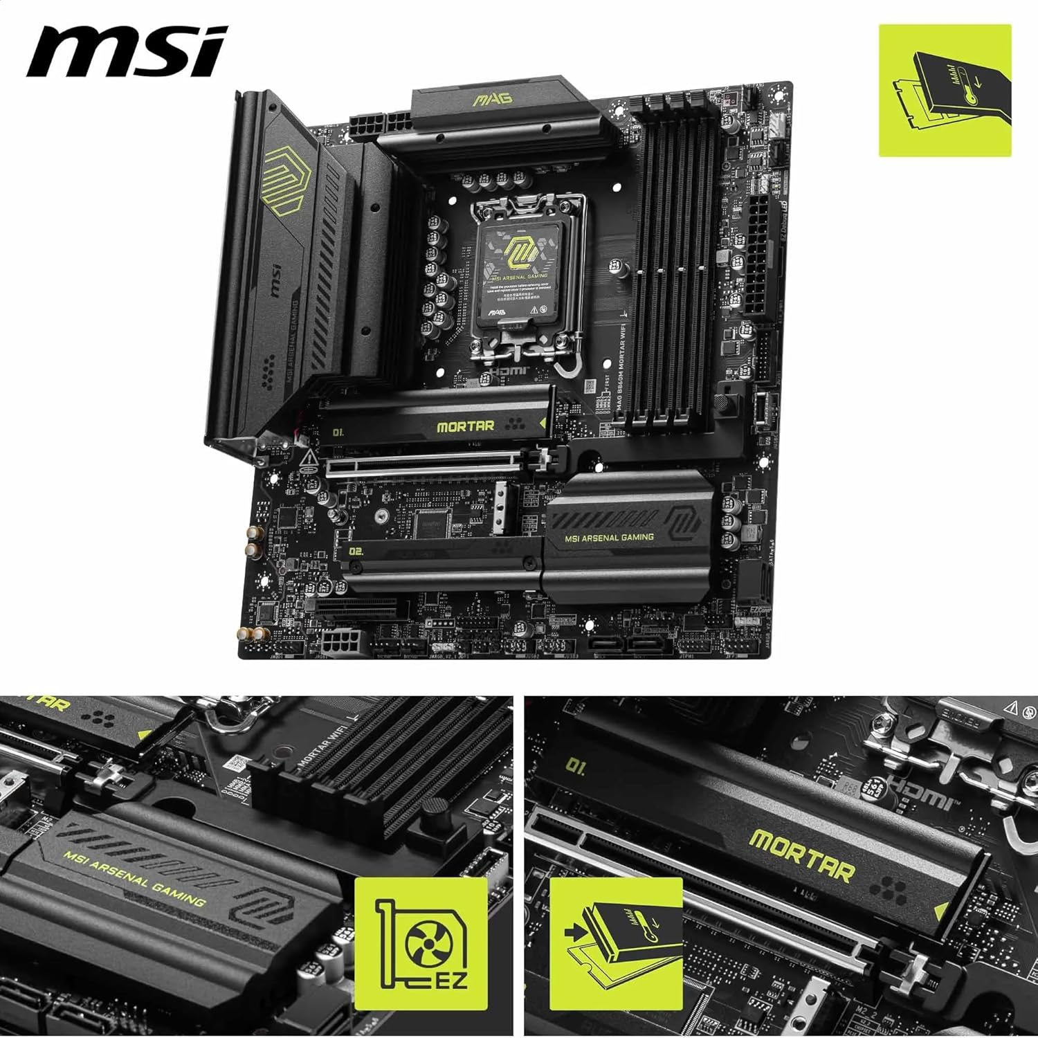 MAG B860M Mortar WiFi Motherboard, mATX - Supports Intel Core Ultra Processors (Series 2), LGA 1851 - DDR5 Memory Boost 9200+ MT/s OC, 1 x PCIe 5.0 x16, 1 x M.2 Gen5, 5G LAN, Wi-Fi 7