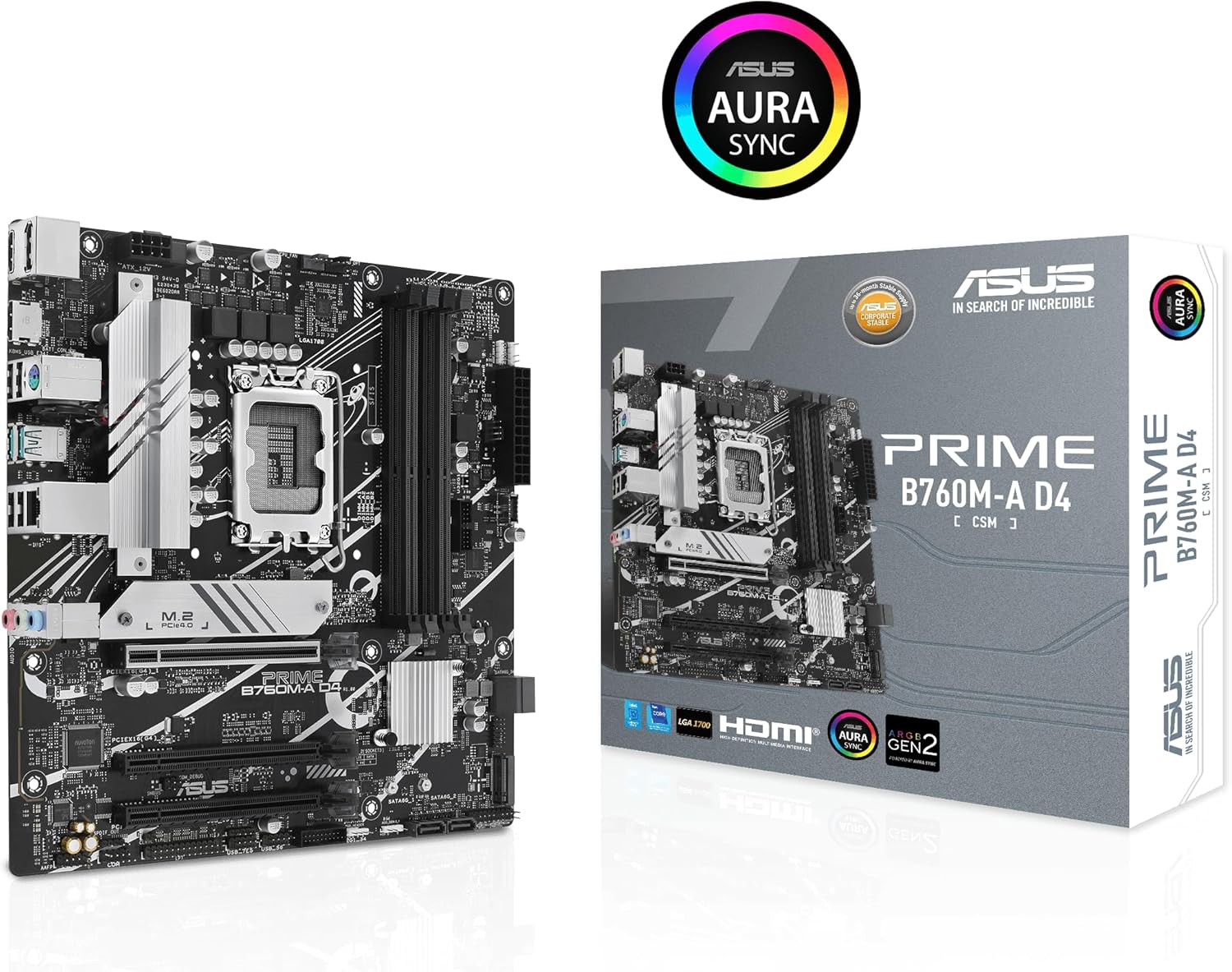 ASUS Prime B760M-A D4-CSM Intel B760 (LGA 1700) mATX Commercial CSM Motherboard, PCIe 4.0, DDR4, 2X M.2, 2.5Gb LAN, DP, 2X HDMI, SATA 6 Gbps, USB Type-C, Aura Sync, ASUS Control Center Express