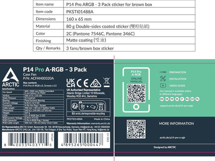 ARCTIC P14 Pro A-RGB 140mm PWM Case Fans – 3-Pack, 400–2500 RPM, 5V Digital RGB, Fluid Dynamic Bearing, 4-Pin – Black
