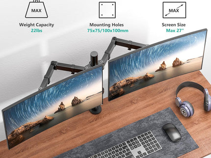 WALI Dual Monitor Stand – Desk Mount for 13–27" Screens, Holds up to 22 lbs per Arm, Height Adjustable, Swivel/Tilt/Rotation, VESA 75x75/100x100 – Black (M002)